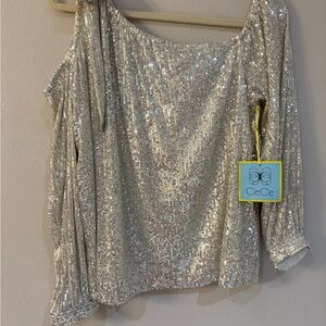 CeCe Glittering Silver Sequin Blouse size XL